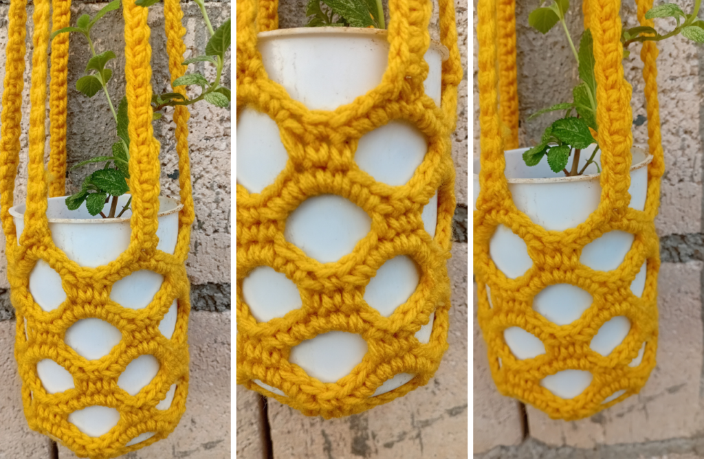 Golden Crochet Plant Hanger for Small Container Gardens - 2