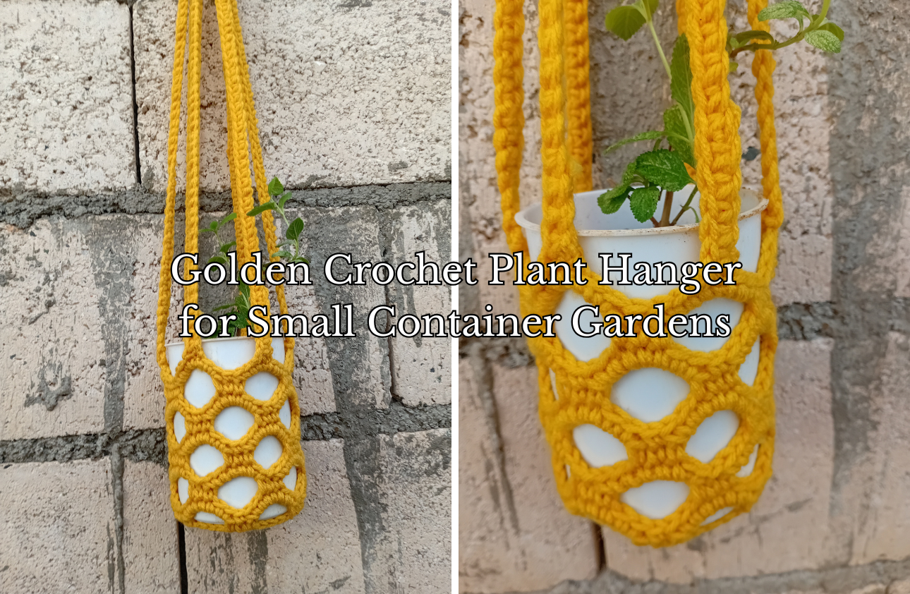 Golden Crochet Plant Hanger for Small Container Gardens