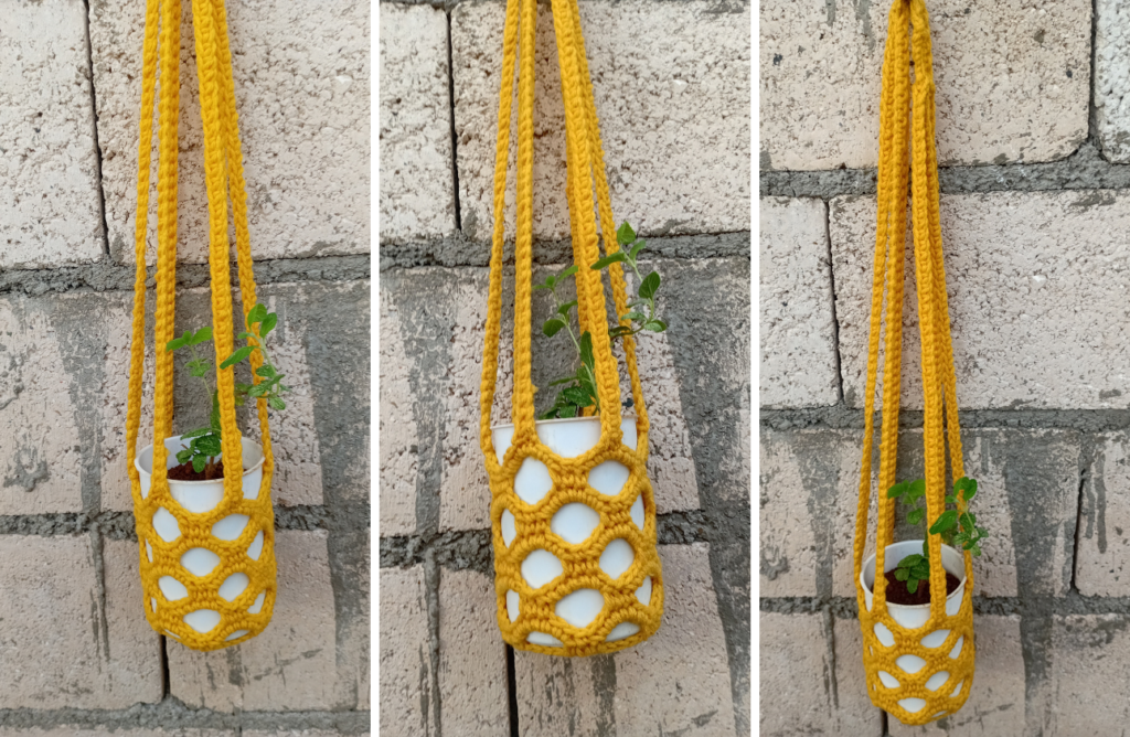 Growing Green Mint in small space using crochet plant hanger
